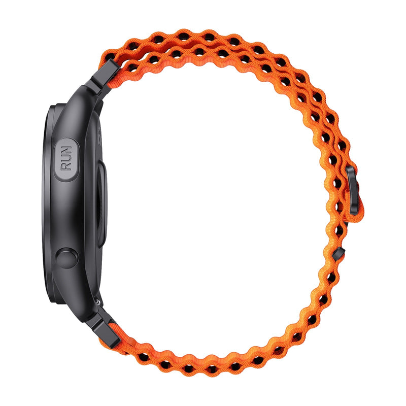 Bracelet Garmin en nylon ondulé orange et noir, style sport, fixation rapide pour montre 20-22mm.