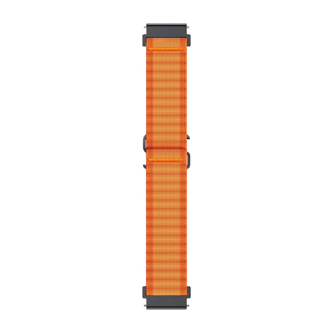 Bracelet montre Garmin en nylon ondulé orange vif, boucle noire, style sport outdoor, 20-22mm.