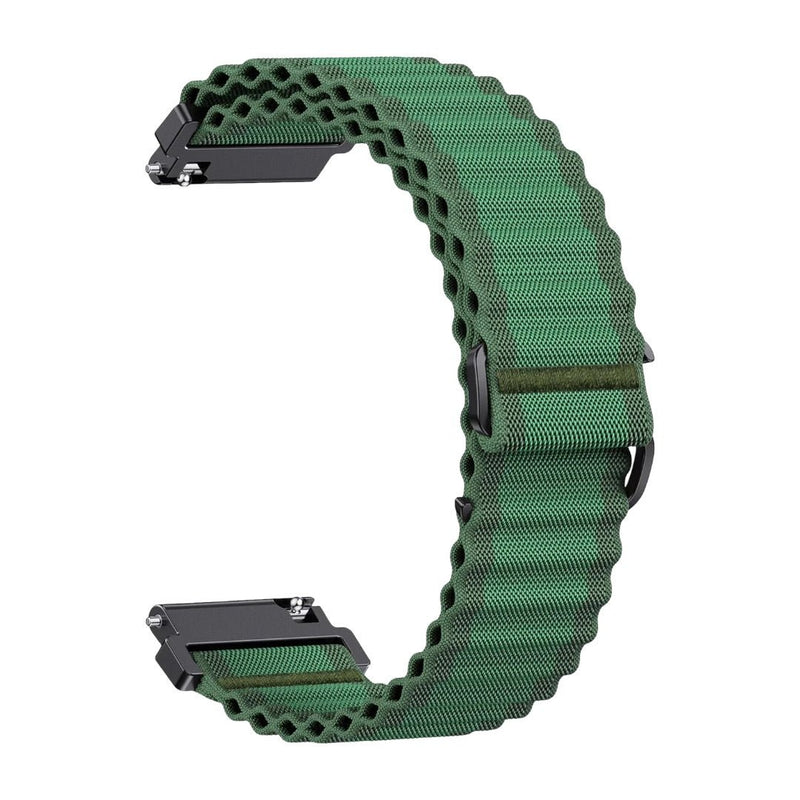 Bracelet montre Garmin vert en nylon ondulé avec boucle noire, style outdoor, largeur adaptable 20-22mm.