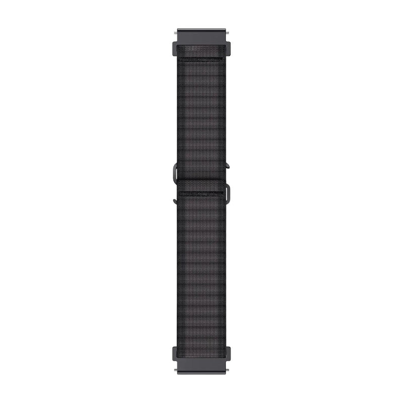 Bracelet montre Garmin en nylon ondulé noir avec système de libération rapide, style sport et outdoor, largeur adaptable.