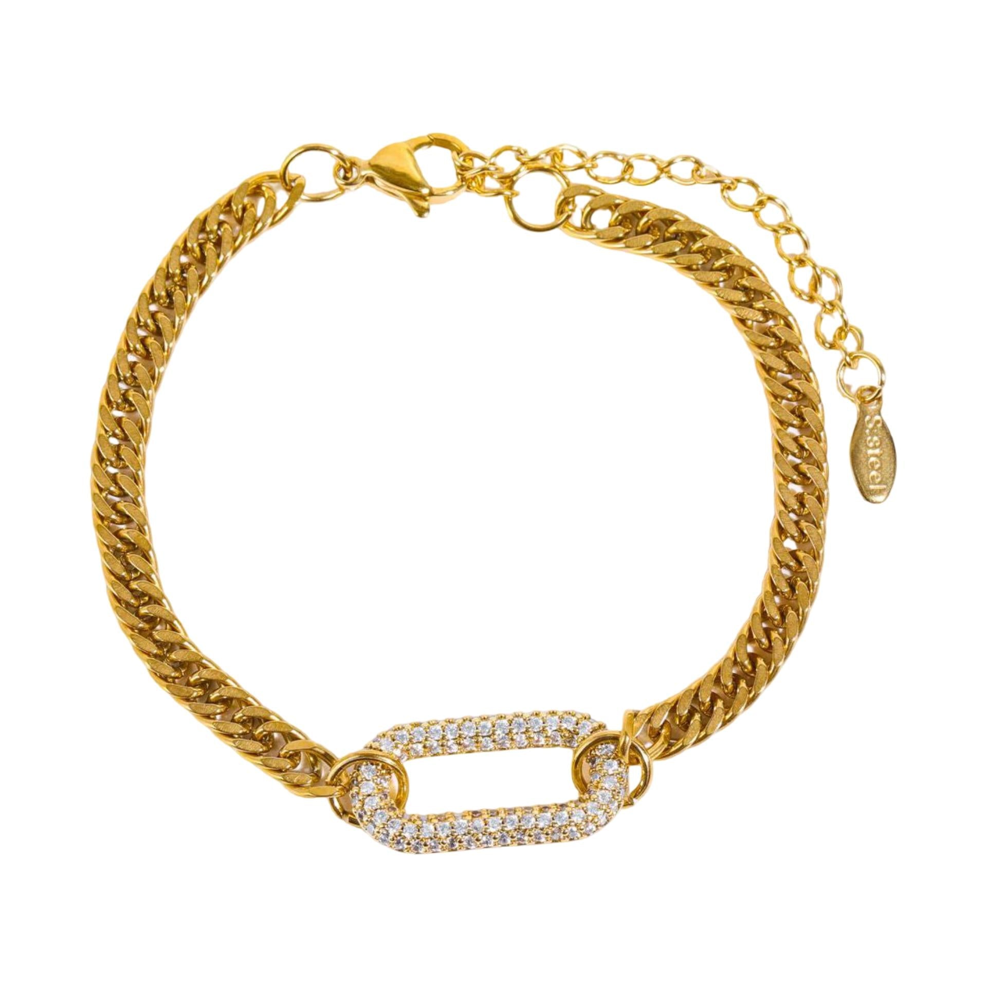 Bracelet gourmette doré, maille cubaine en acier inoxydable, maillon central serti de zirconiums, ajustable, modèle Cindelle