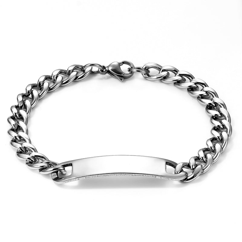 Bracelet gourmette en acier inoxydable argenté avec maille cubaine et plaque personnalisable, modèle Eden.