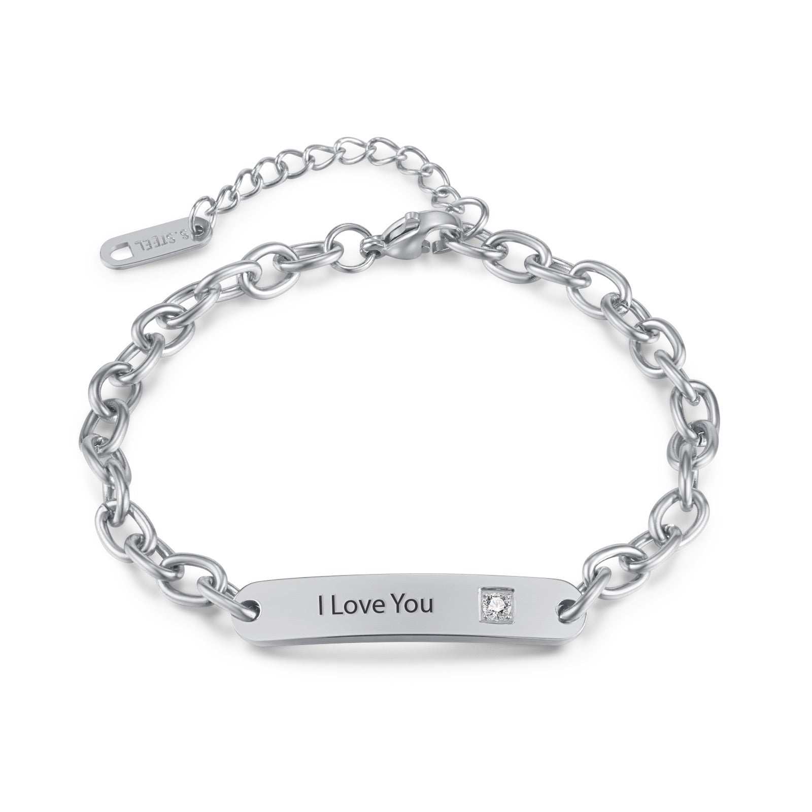 Bracelet gourmette argent en acier inoxydable avec plaque gravée "I Love You" et pierre zirconium, modèle Zoa.