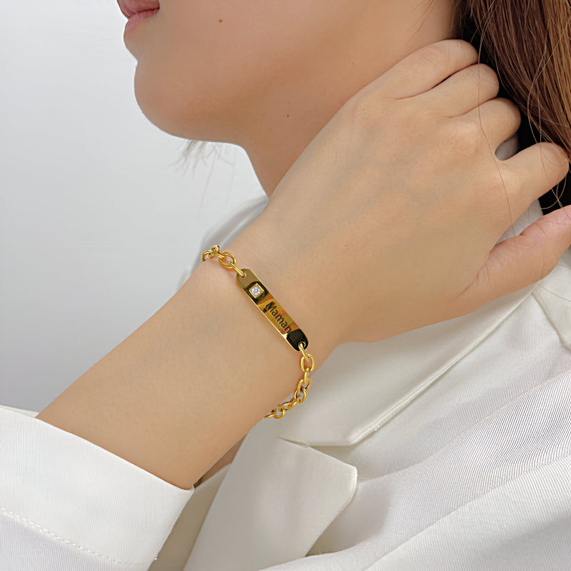 Pulsera tipo esclava personalizada, de acero inoxidable, con piedra de circonio, para mujer, modelo Zoa