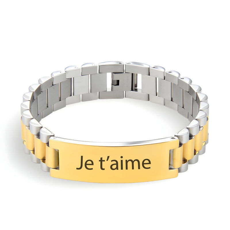Bracelet gourmette homme en acier inoxydable bicolore or et argent avec plaque gravée Je t’aime.