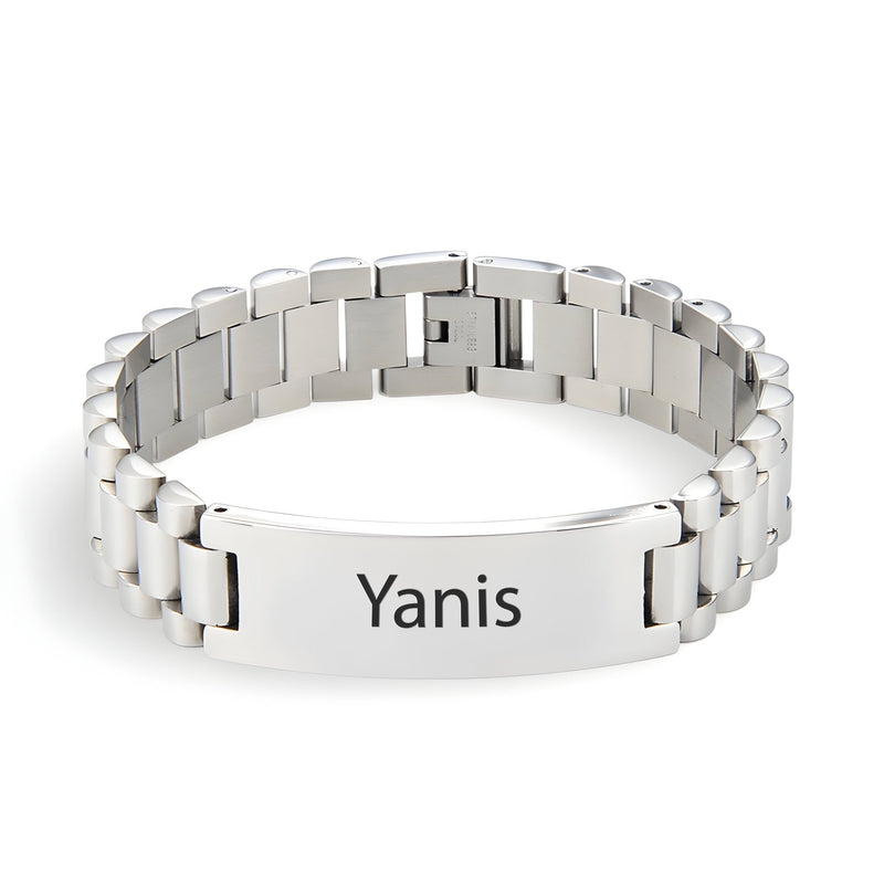 Bracelet gourmette en acier inoxydable argenté avec maille épaisse et plaque gravée "Yanis".