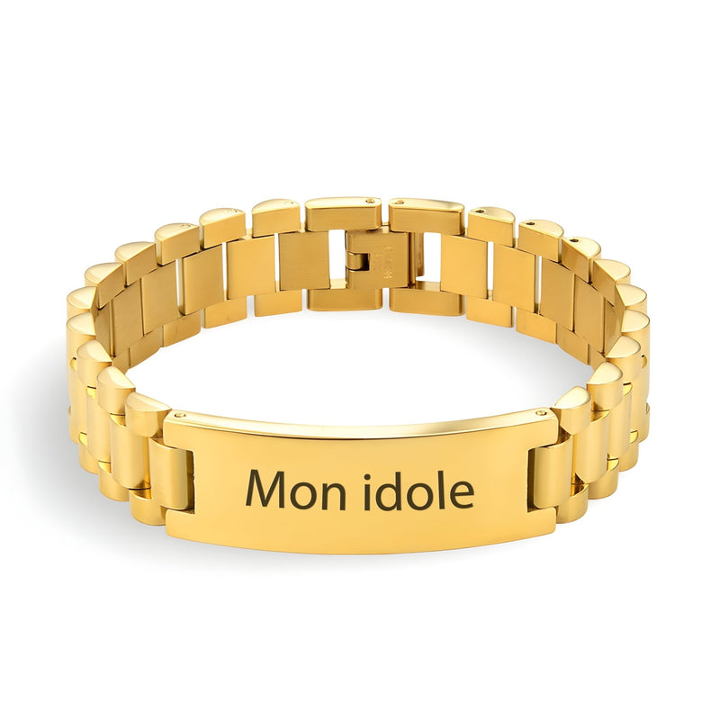 Bracelet gourmette épaisse en acier inoxydable doré avec inscription personnalisée "Mon idole".