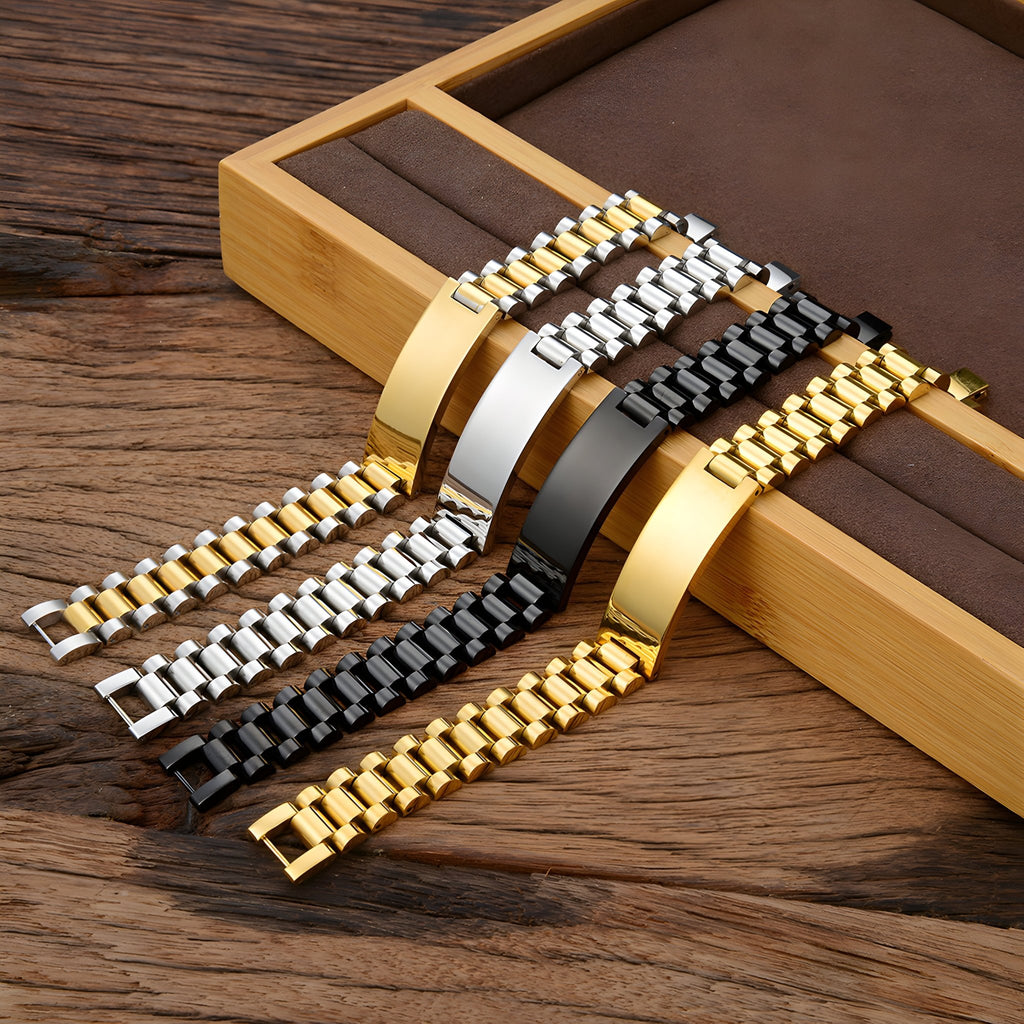 Bracelets gourmettes pour homme en acier inoxydable, mailles épaisses, finitions or, argent et noir, design moderne.