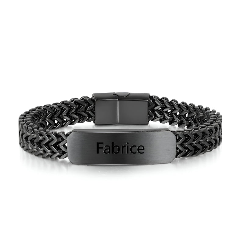 Bracelet gourmette personnalisé noir en acier inoxydable avec maille spiga et plaque gravée Fabrice.