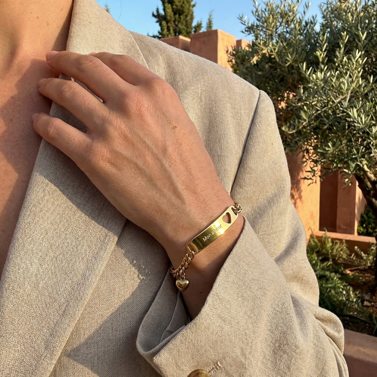 Gepersonaliseerde gourmet armband, van roestvrij staal, hartmotief, voor dames, model Marthe