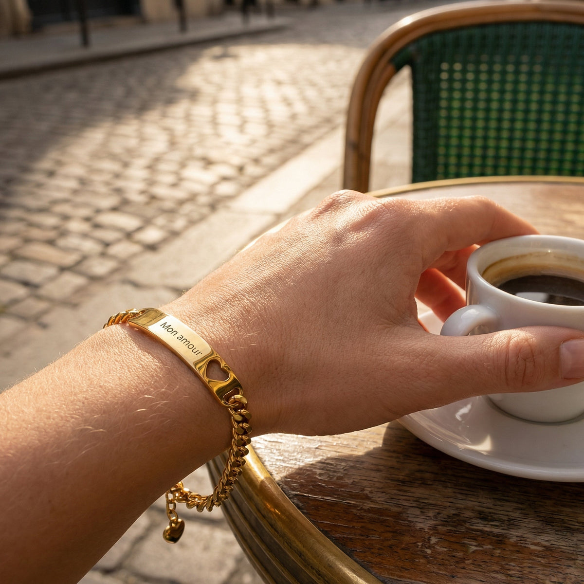 Gepersonaliseerde gourmet armband, van roestvrij staal, hartmotief, voor dames, model Marthe