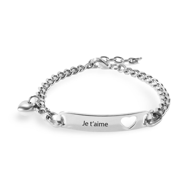 Bracelet gourmette acier inoxydable argent avec plaque gravée "Je t'aime" et pendentif cœur.