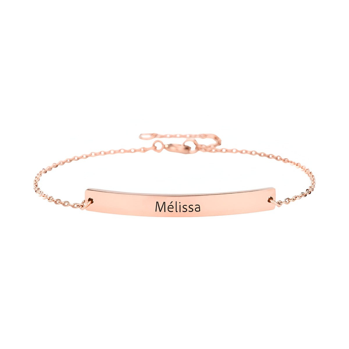 Bracelet gourmette fin en acier inoxydable or rosé avec plaque personnalisée gravée "Mélissa".