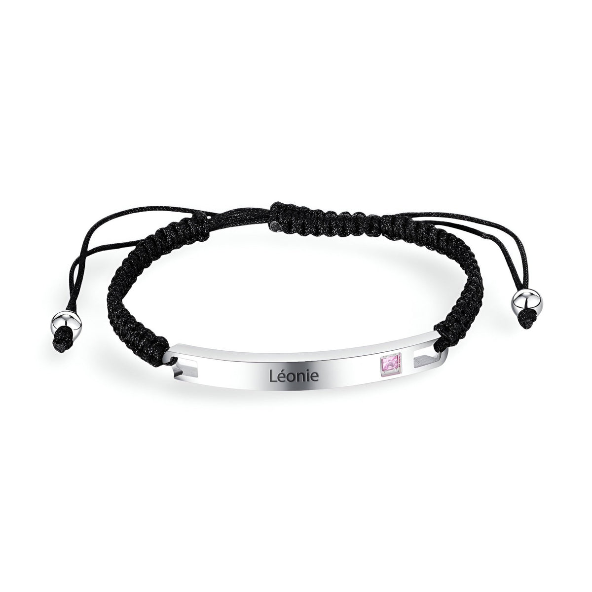 Bracelet cordon noir avec plaque argent personnalisée gravée Léonie et pierre zirconium rose.