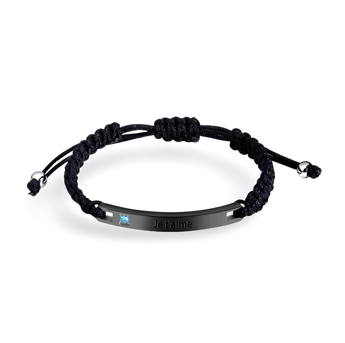 Bracelet gourmette cordon noir avec plaque argentée et pierre de zirconium bleue, modèle mixte Emery.