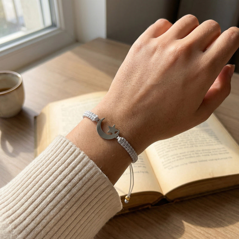 Bracelet Hilal en Acier Inoxydable et Nylon, Lien Tressé Résistant, Symbole de Foi Élégant, modèle Eman