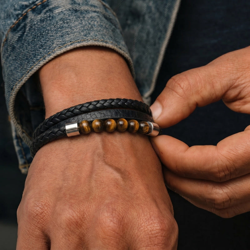 Men’s leather bracelet, natural tiger’s eye beads, stainless steel magnetic clasp, elegant masculine jewelry, free personalized engraving, Galion model