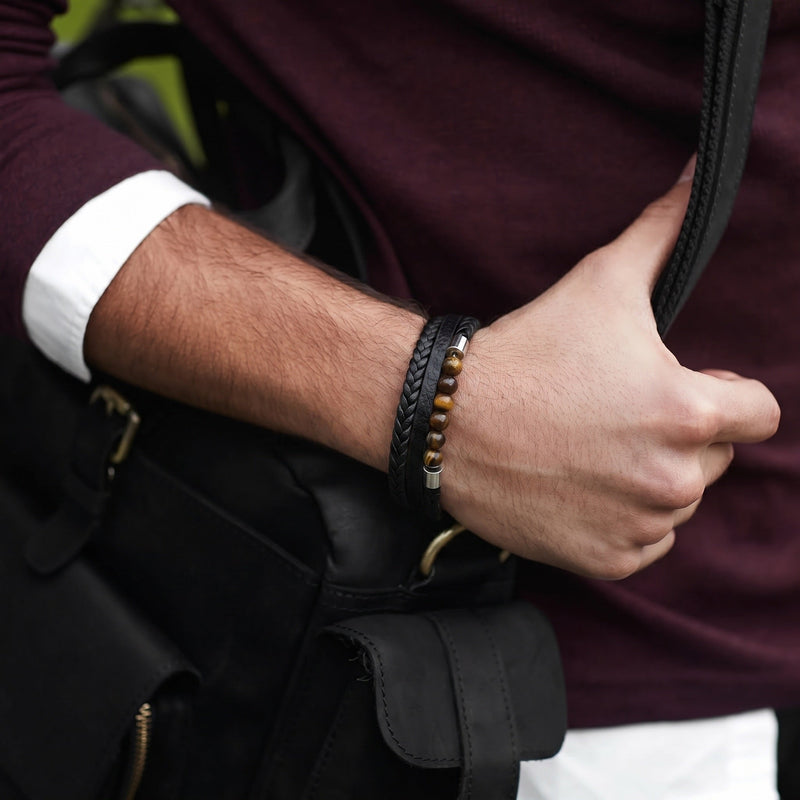 Men’s leather bracelet, natural tiger’s eye beads, stainless steel magnetic clasp, elegant masculine jewelry, free personalized engraving, Galion model