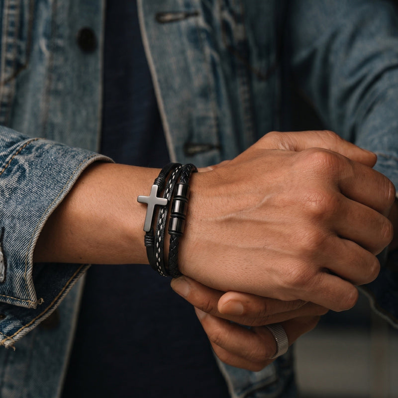 Men’s Braided Leather Bracelet, Black Stainless Steel, Christian Cross, Custom Engravable Clasp, Lovejoy model