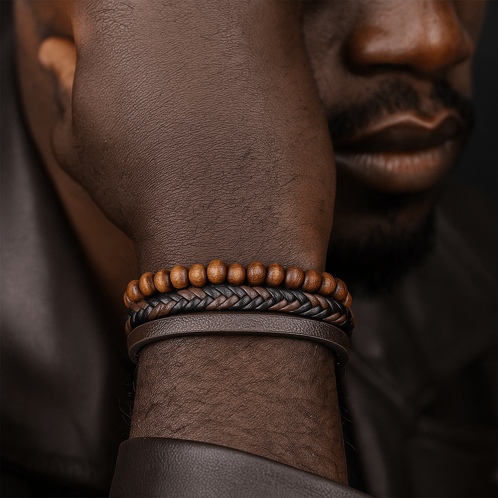 Bracelet homme avec cuir tressé noir, perles en bois clair, et cuir lisse marron, fermoir magnétique.