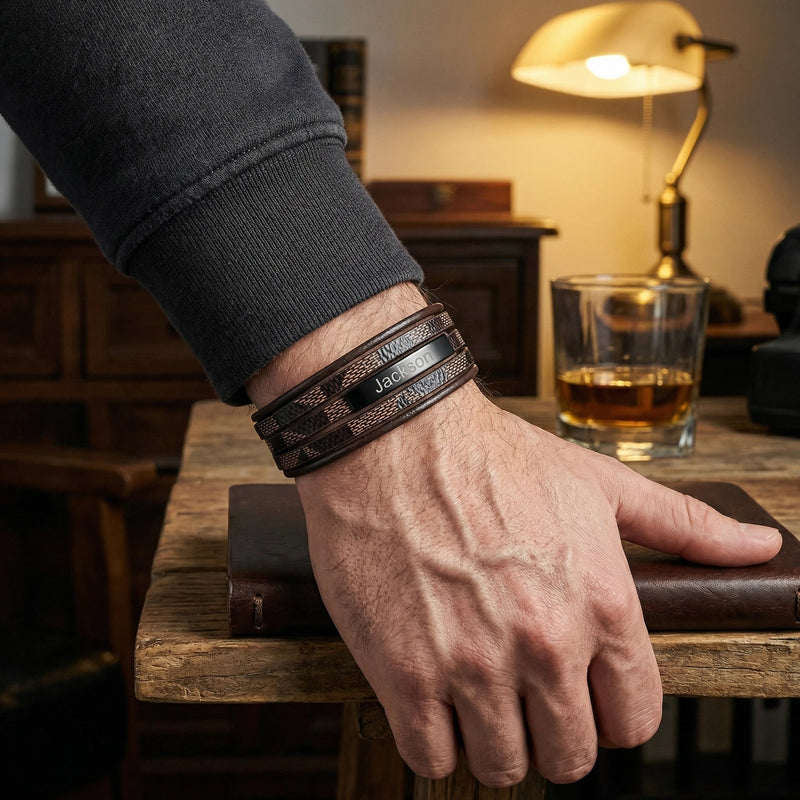 Men's braided leather bracelet, black magnetic clasp, masculine wrist jewelry, men's fashion accessory, personalized multi-strand bracelet, model Xym