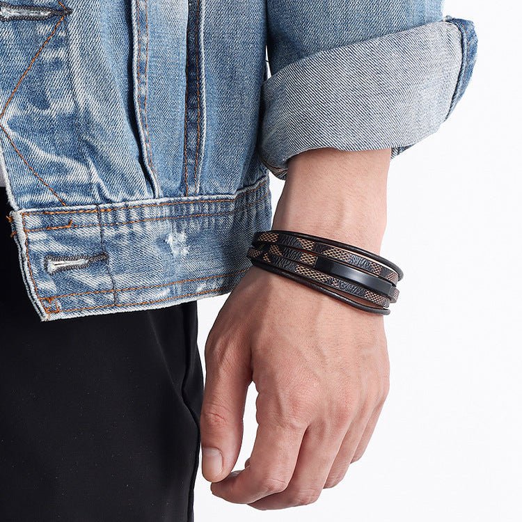 Men's braided leather bracelet, black magnetic clasp, masculine wrist jewelry, men's fashion accessory, personalized multi-strand bracelet, model Xym