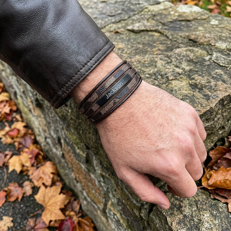 Men's braided leather bracelet, black magnetic clasp, masculine wrist jewelry, men's fashion accessory, personalized multi-strand bracelet, model Xym
