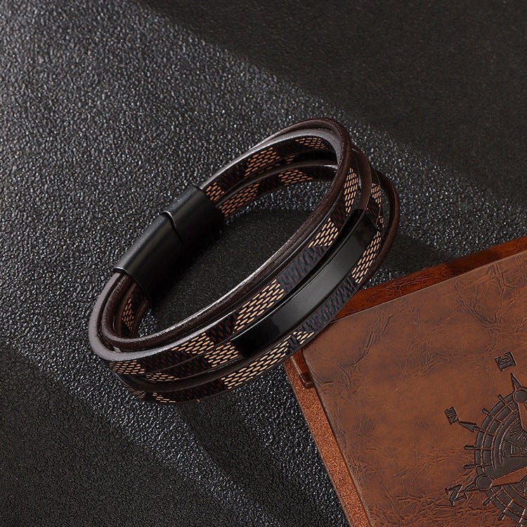 Men's braided leather bracelet, black magnetic clasp, masculine wrist jewelry, men's fashion accessory, personalized multi-strand bracelet, model Xym