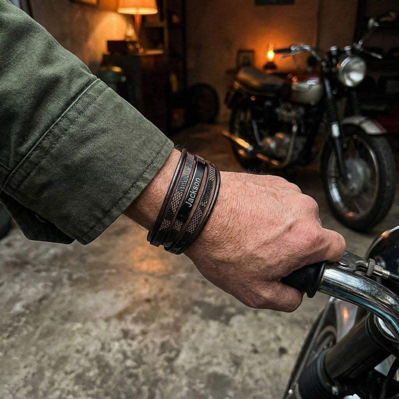 Men's braided leather bracelet, black magnetic clasp, masculine wrist jewelry, men's fashion accessory, personalized multi-strand bracelet, model Xym