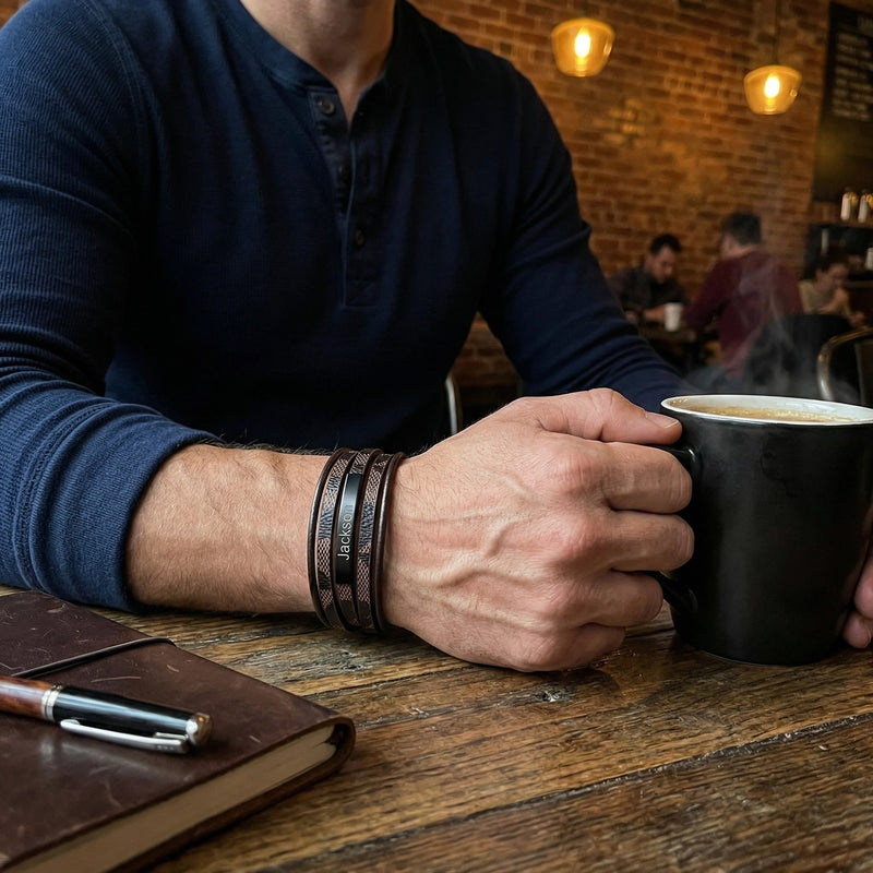 Men's braided leather bracelet, black magnetic clasp, masculine wrist jewelry, men's fashion accessory, personalized multi-strand bracelet, model Xym