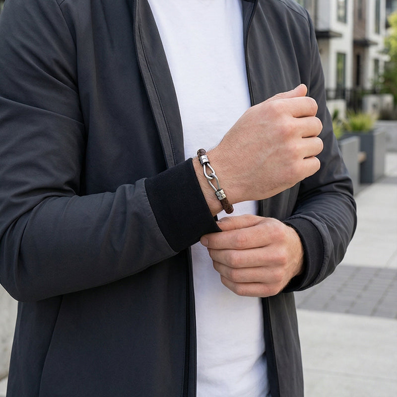 Bracelet homme cuir tressé noir et acier inoxydable, double anneau, style minimaliste moderne, modèle Artel