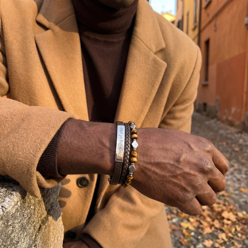 Men's braided leather bracelet, natural tiger's eye beads, engravable stainless steel, adjustable magnetic clasp, personalized wrist jewelry, Dossère model