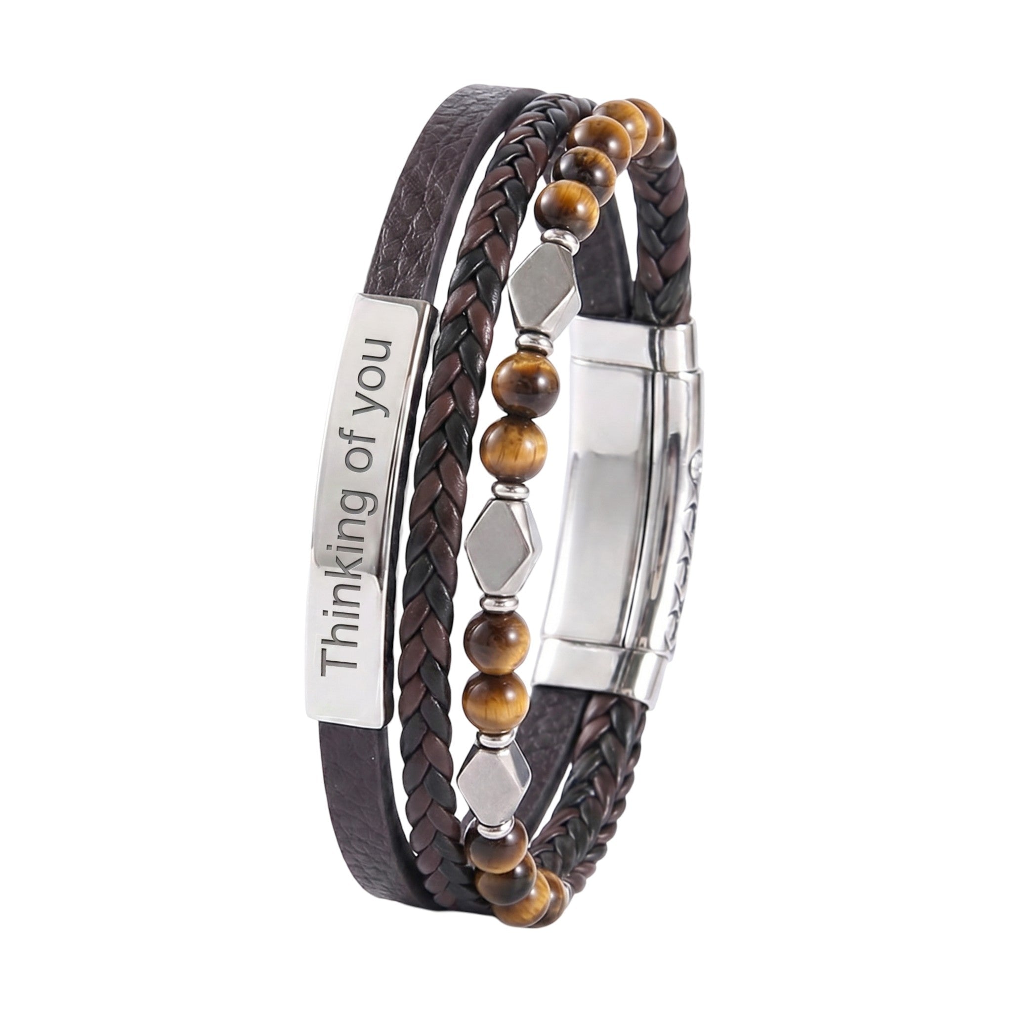 Men's braided leather bracelet, natural tiger's eye beads, engravable stainless steel, adjustable magnetic clasp, personalized wrist jewelry, Dossère model