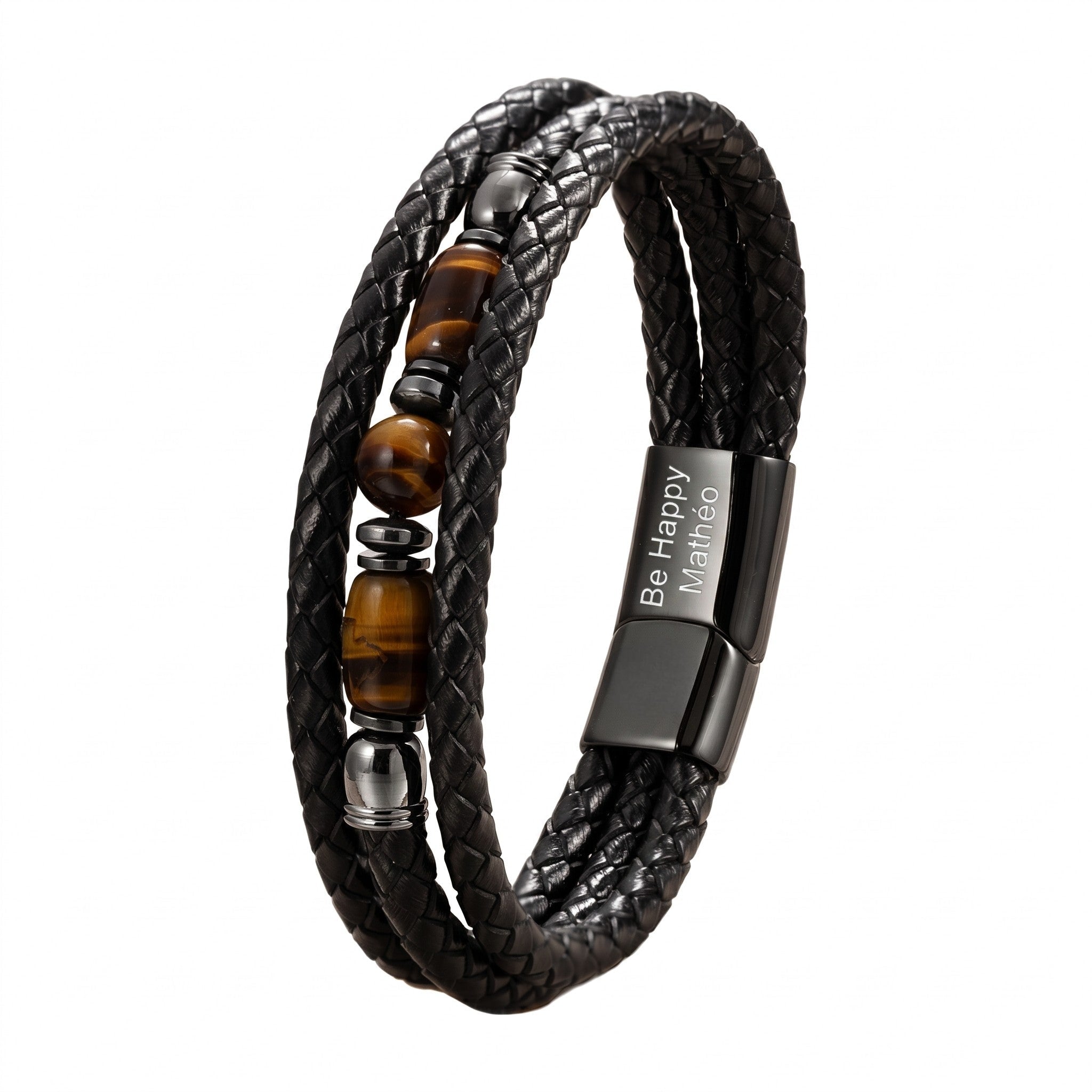 Bracelet homme cuir tressé, perles œil de tigre véritable, fermoir magnétique personnalisable, bijou masculin élégant, cadeau personnalisé pour lui, modèle Célian