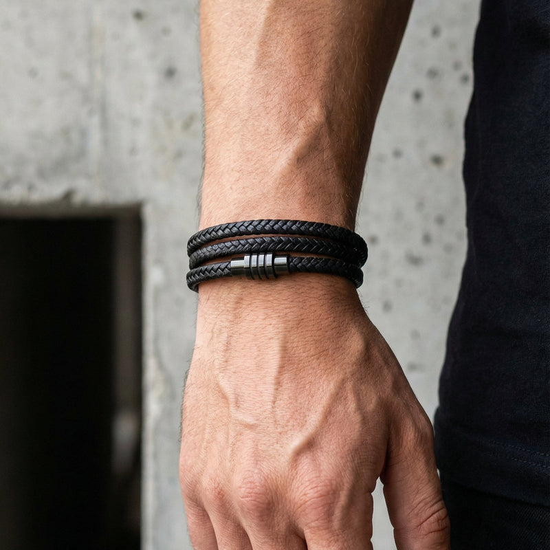 Bracciale da uomo in pelle a più fili, bracciale intrecciato doppio giro con chiusura magnetica in acciaio inossidabile, modello Joe