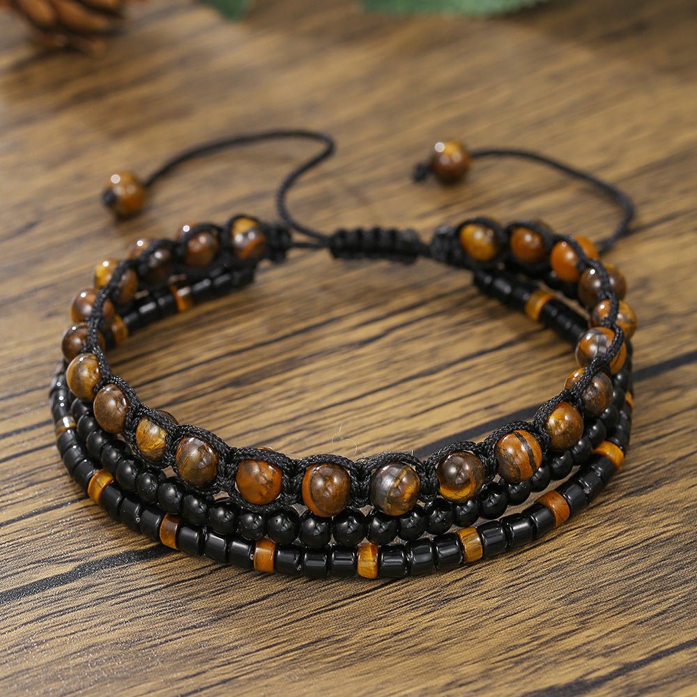 Herrenarmband aus Tigerauge und schwarzem Onyx, mehrreihiges Set mit natürlichen Perlen, verstellbares geflochtenes Band, Modell Bully