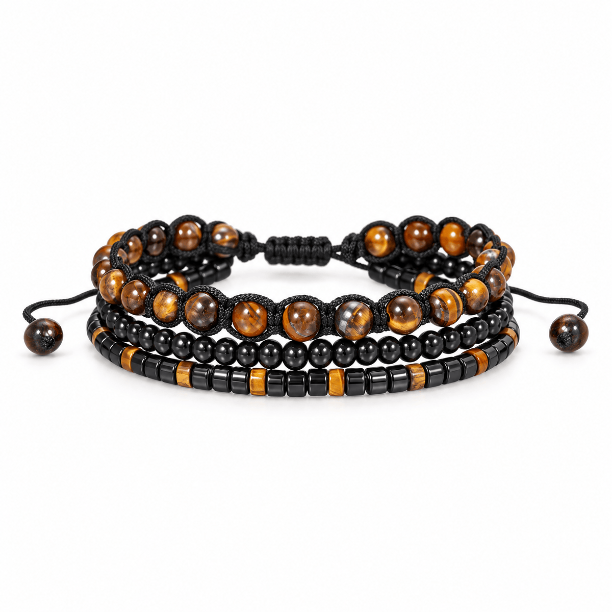 Packshot studio bracelet Bully Oeil de tigre et Onyx, vue de face sur fond blanc.