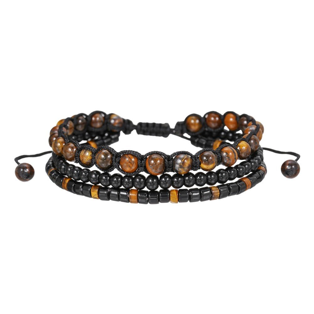Herrenarmband aus Tigerauge und schwarzem Onyx, mehrreihiges Set mit natürlichen Perlen, verstellbares geflochtenes Band, Modell Bully