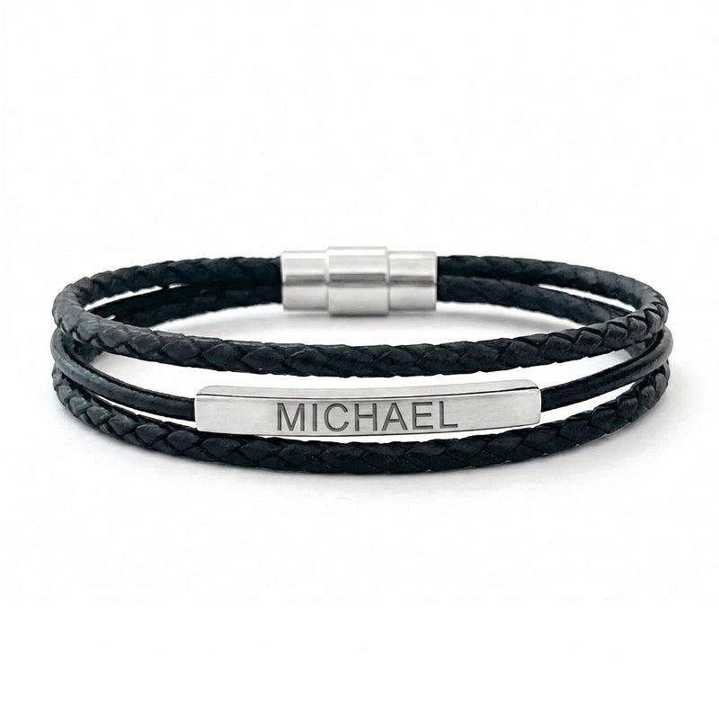 Men’s braided vegan leather bracelet, customizable titanium plate, magnetic clasp, complimentary engraving, elegant masculine jewelry, Bushi model