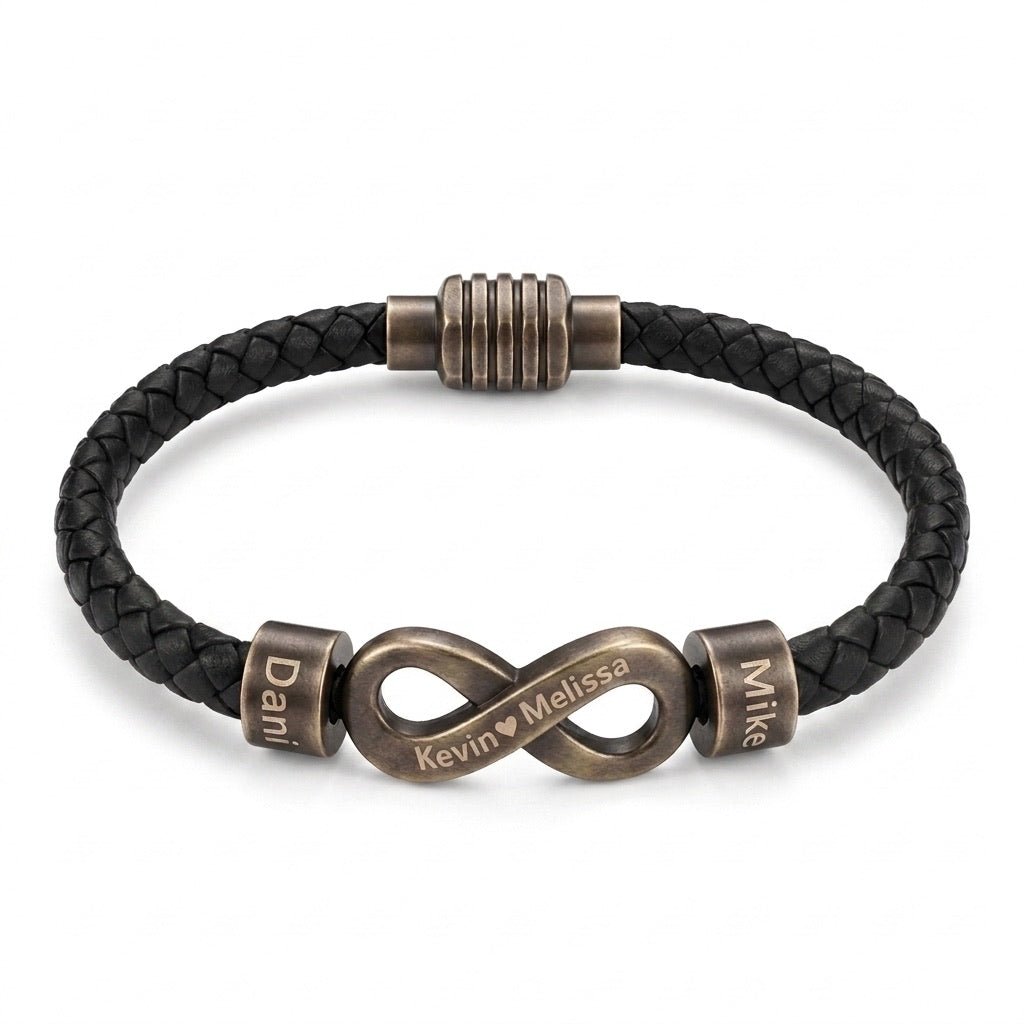 Bracelet infini personnalisable, croûte de cuir noir tressée, 2 anneaux à graver, acier inoxydable, fermoir magnétique, modèle Hestio