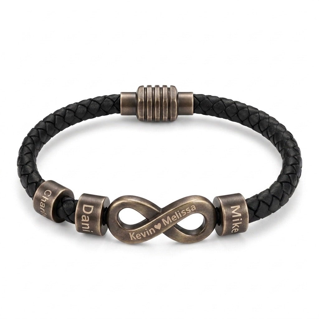 Bracelet infini personnalisable, croûte de cuir noir tressée, 3 anneaux à graver, acier inoxydable, fermoir magnétique, modèle Hestio