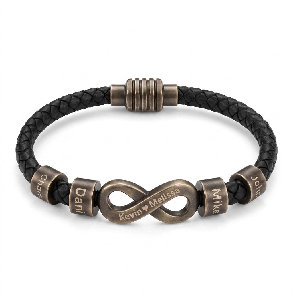 Bracelet infini personnalisable, croûte de cuir noir tressée, 4 anneaux à graver, acier inoxydable, fermoir magnétique, modèle Hestio