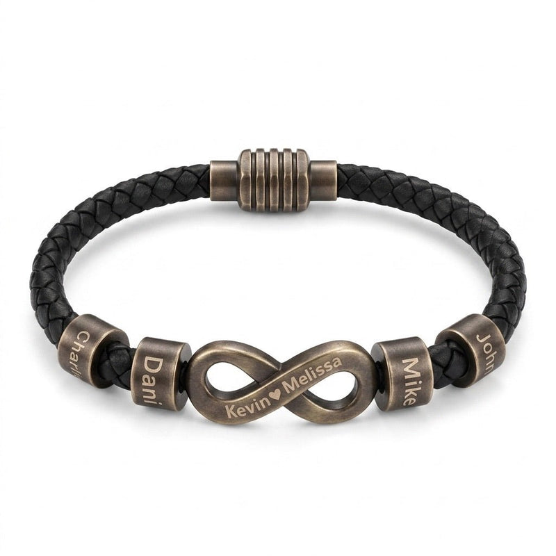 Bracelet infini personnalisable, croûte de cuir noir tressée, 4 anneaux à graver, acier inoxydable, fermoir magnétique, modèle Hestio