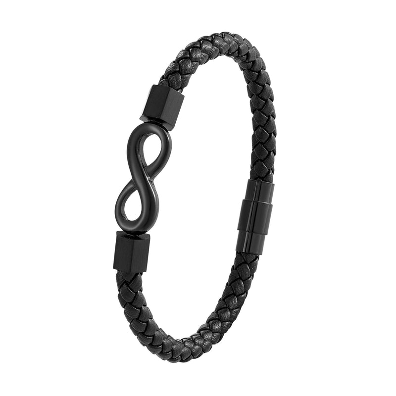 Bracelet en cuir noir tressé avec ornement infini métallique noir et fermoir magnétique.