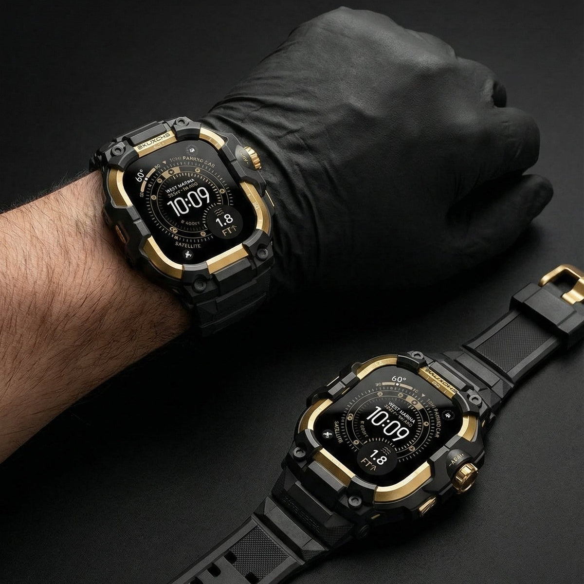 Bracelet noir renforcé avec fermoir solide et détails dorés pour Apple Watch Ultra, design robuste et blindé.