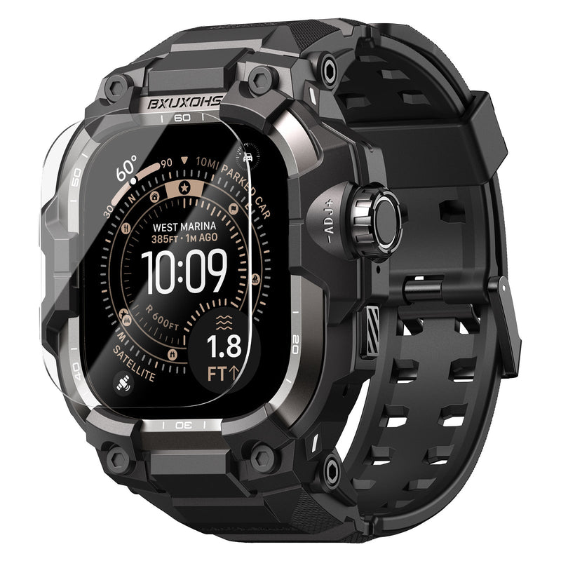 Bracelet renforcé noir mat pour Apple Watch Ultra avec fermoir solide et écran protégé, style blindé Diesel.