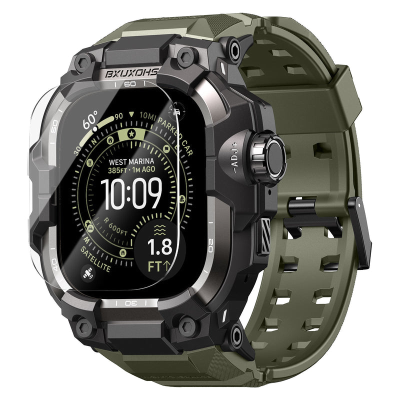 Bracelet vert olive renforcé pour Apple Watch Ultra avec fermoir solide et coque blindée noire et métallique.