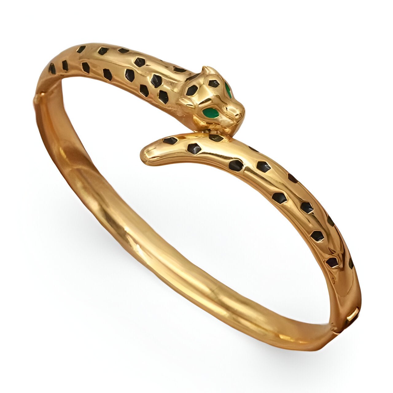 Bracelet jonc doré en forme de léopard avec yeux verts et taches noires.