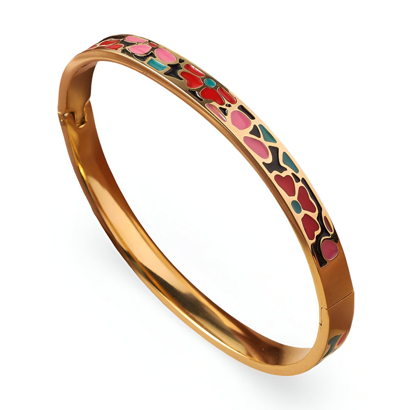 Bracelet jonc doré émaillé motifs rouges et roses féminins modèle Caliesta.