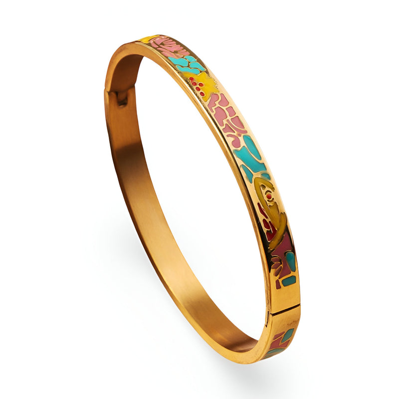 Bracelet jonc doré émaillé avec motifs floraux colorés, style féminin et élégant, modèle Sierra.